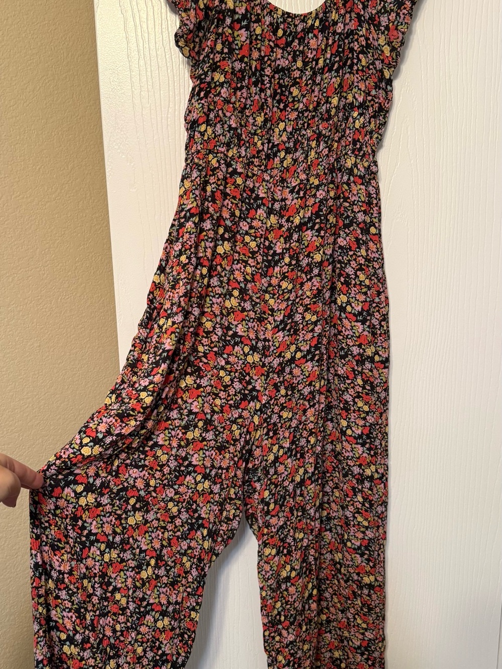 Floral Print Smocked Jumpsuit in Black - Women's